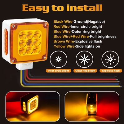 Amber/Red Double-Face Pedestal Fender Light with Stud Mount Square 39 LED Brake Turn Tail Signal Trailer Light
